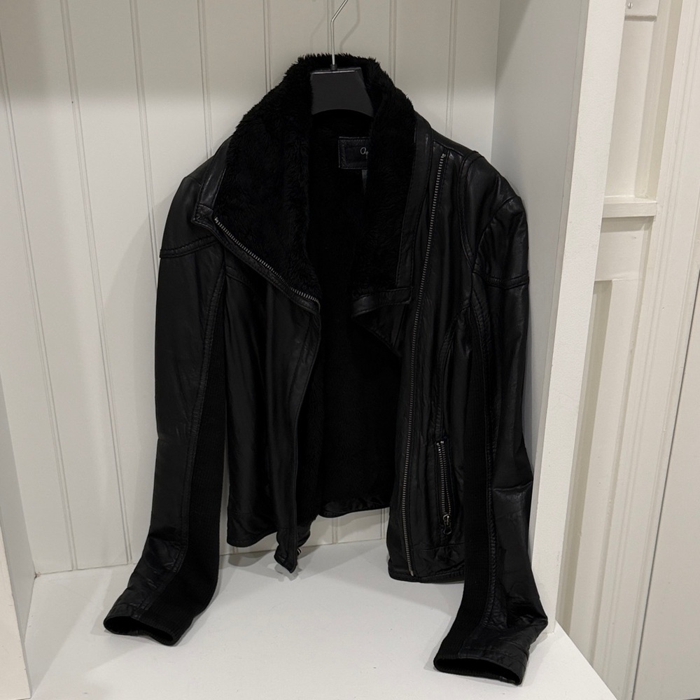 Aqua Black Faux-Shearling Collar Leather Jacket
